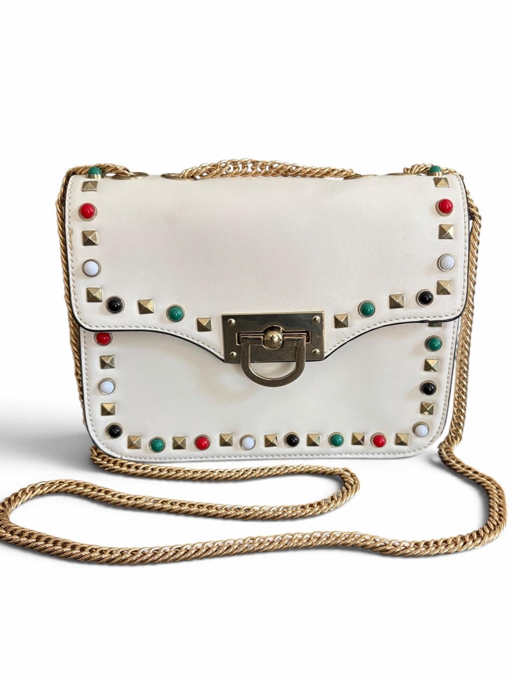 Vintage Gail Labelle White Crossbody Bag with Multicolor Studs and Gold Chain